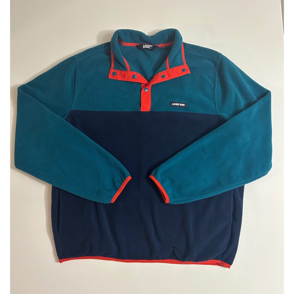 Lands End Women Fleece Pullover Colorblock Snap Neck Teal Navy Blue L 42-44